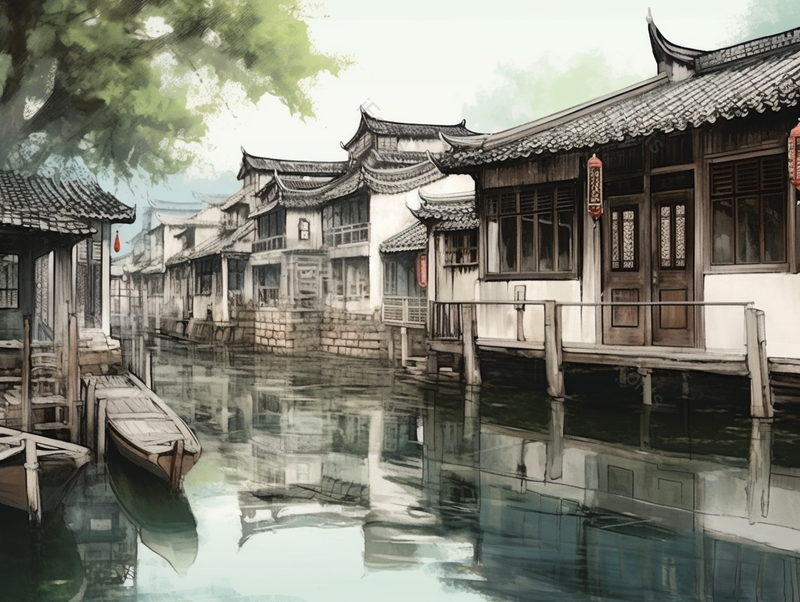 江南景色湖水人家中国风水墨画,插画/手绘图,插画/手绘图库,插画/手绘图下载,插画/手绘